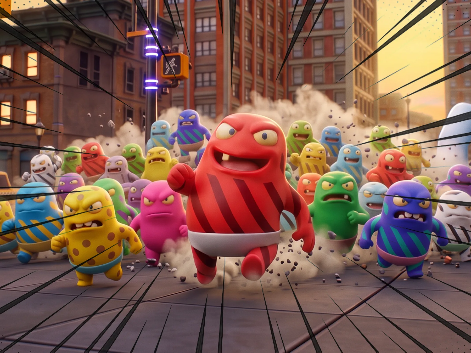 The whole Doof Troop stampeding down a city street